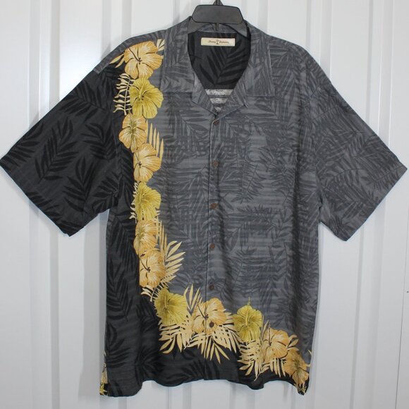 Tommy Bahama Mens Silk Gray Black Yellow Flower Print Hawaiian Shirt Size XL - Picture 1 of 8